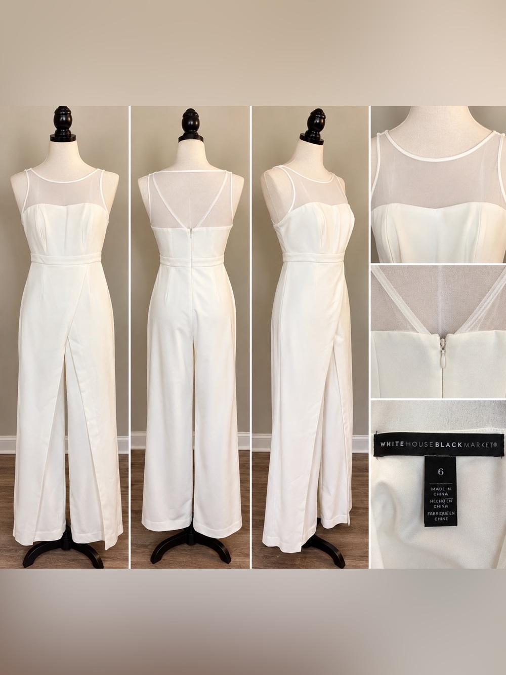 White House Black Market Ivory Sheer-Yoke Wide-Leg Jumpsuit